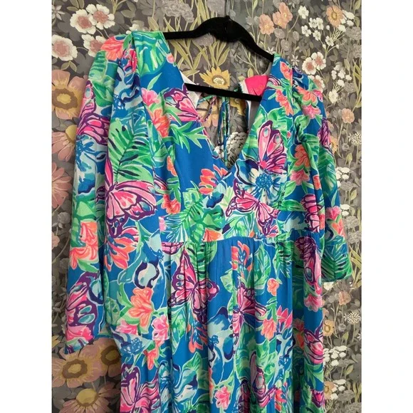 Lilly Pulitzer Rease Maxi Dress Butterfly Floral Print V Neck Tie Back Size 8 - Picture 4 of 12